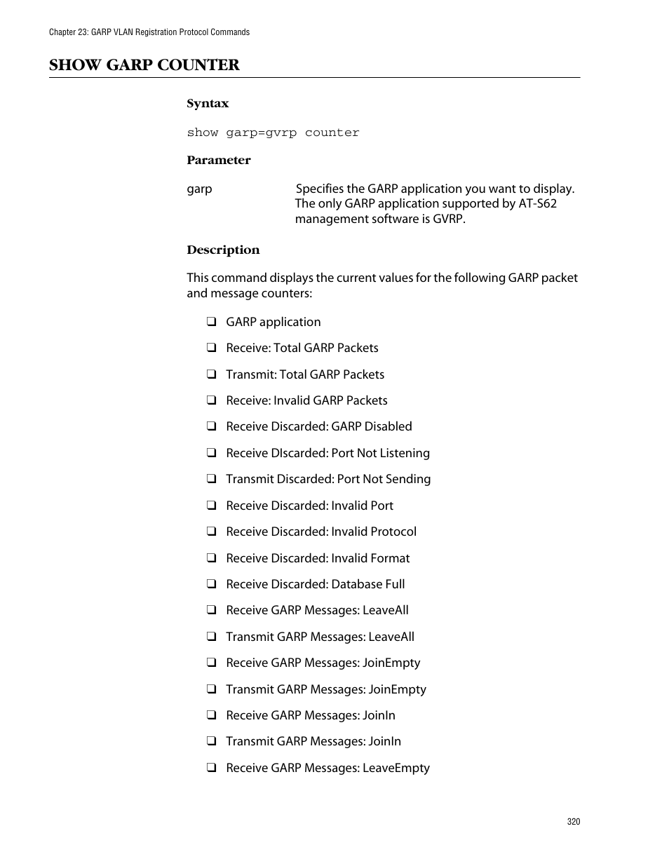 Show garp counter | Allied Telesis AT-S62 User Manual | Page 320 / 420