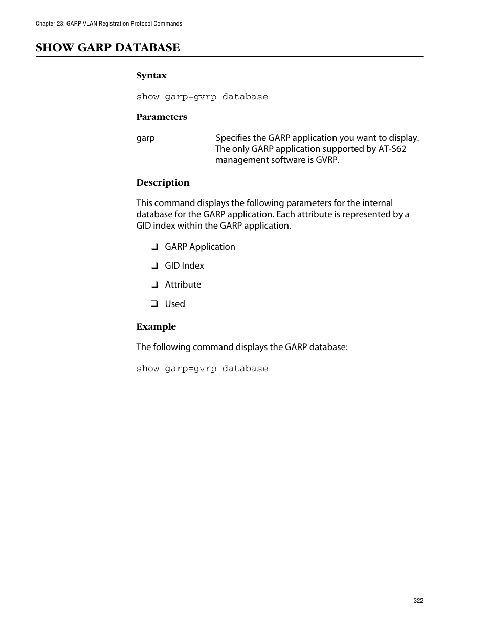 Show garp database | Allied Telesis AT-S62 User Manual | Page 322 / 420