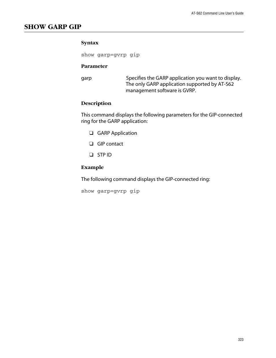Show garp gip | Allied Telesis AT-S62 User Manual | Page 323 / 420