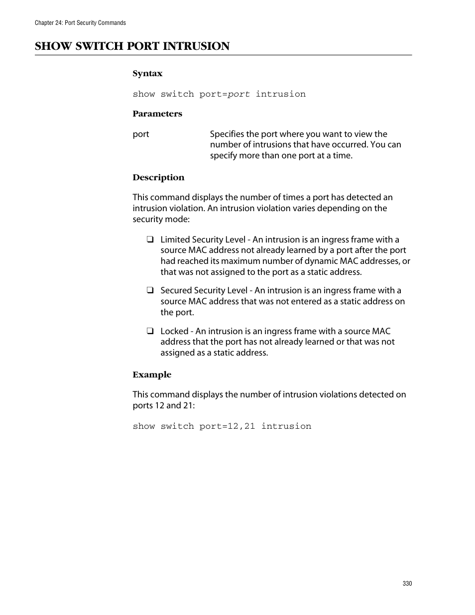 Show switch port intrusion | Allied Telesis AT-S62 User Manual | Page 330 / 420