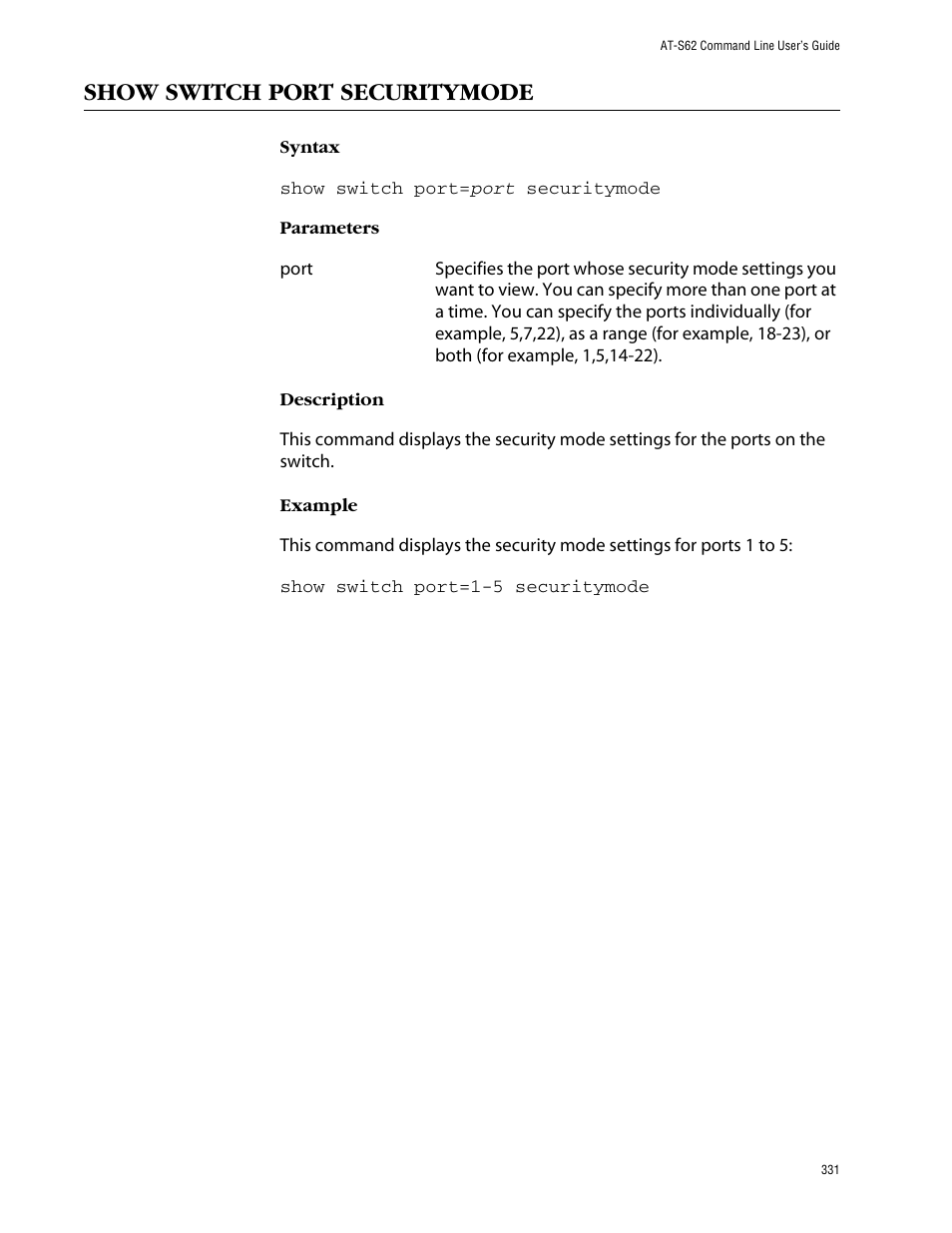 Show switch port securitymode | Allied Telesis AT-S62 User Manual | Page 331 / 420