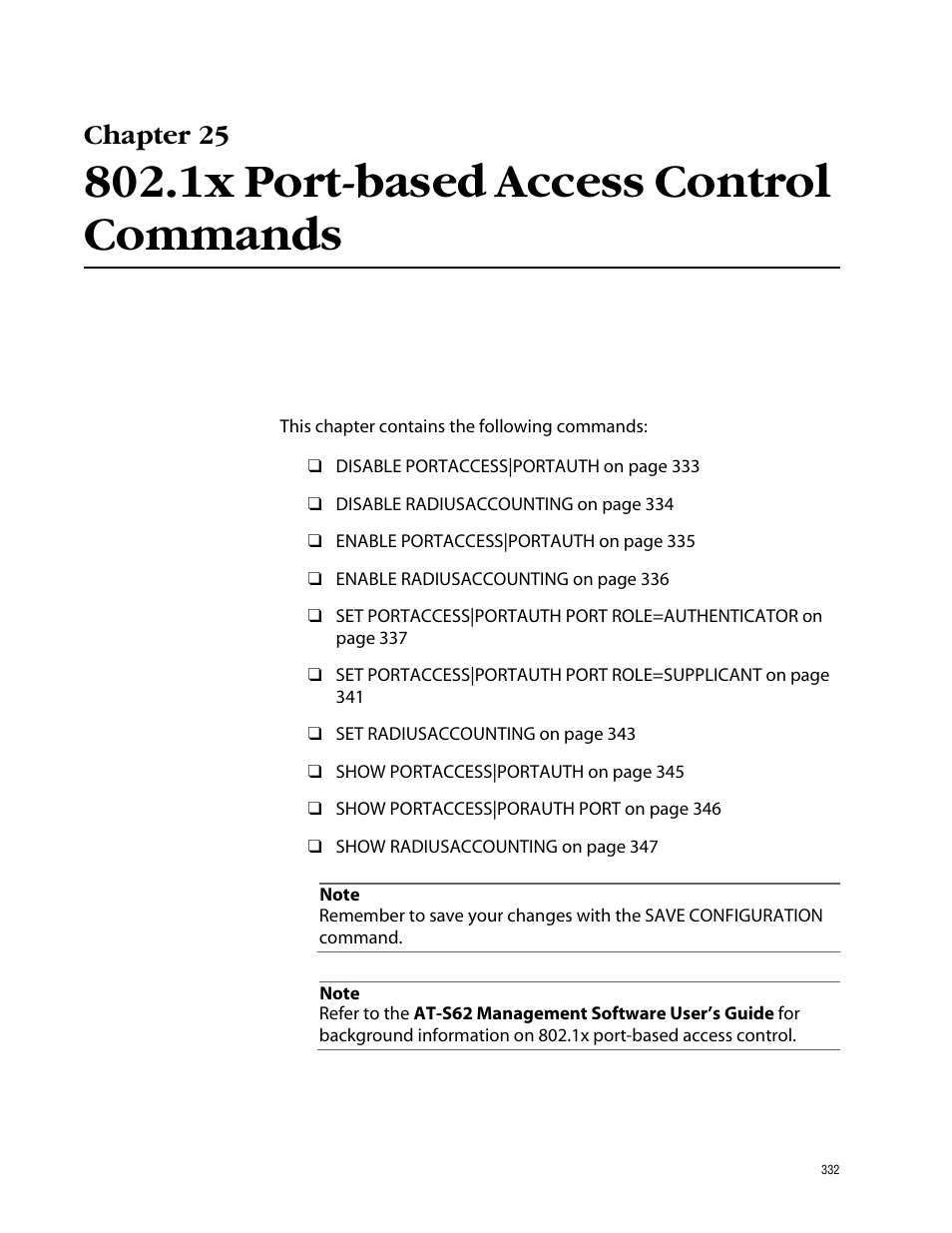 Chapter 25, 1x port-based access control commands | Allied Telesis AT-S62 User Manual | Page 332 / 420