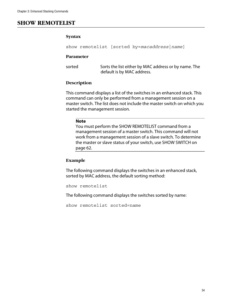 Show remotelist | Allied Telesis AT-S62 User Manual | Page 34 / 420