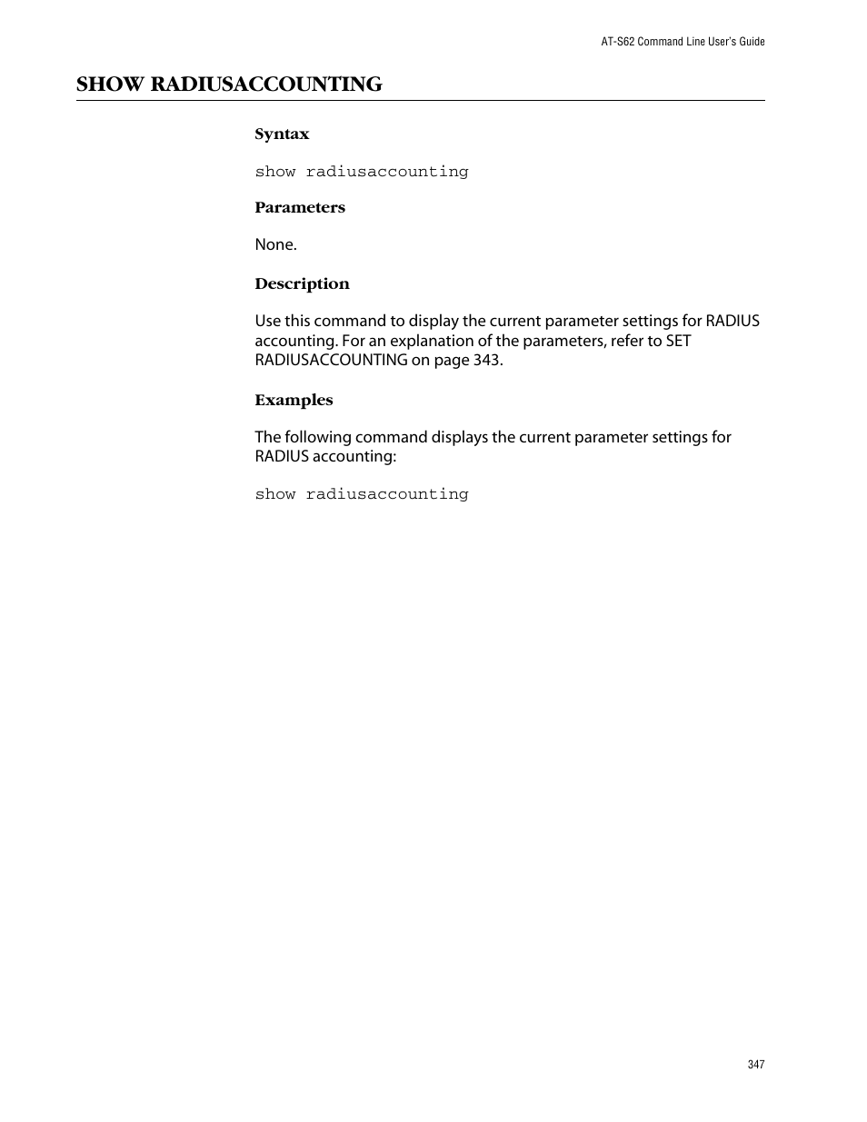 Show radiusaccounting | Allied Telesis AT-S62 User Manual | Page 347 / 420