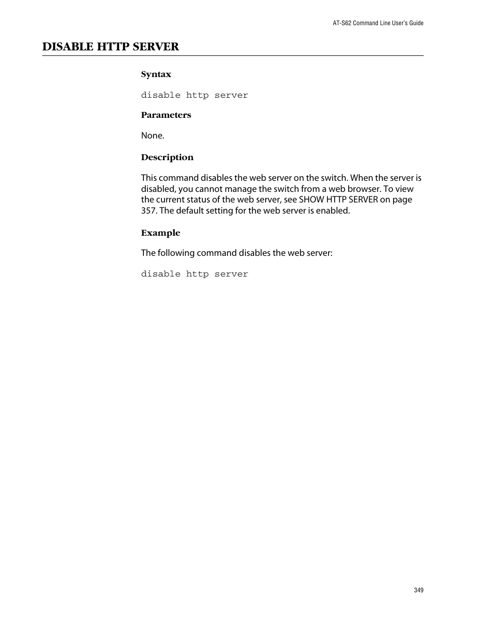 Disable http server | Allied Telesis AT-S62 User Manual | Page 349 / 420
