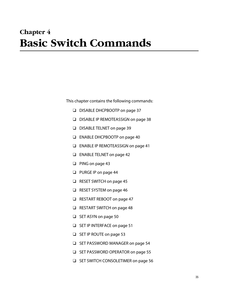 Chapter 4, Basic switch commands | Allied Telesis AT-S62 User Manual | Page 35 / 420