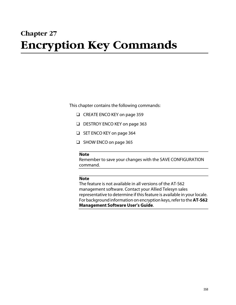 Chapter 27, Encryption key commands | Allied Telesis AT-S62 User Manual | Page 358 / 420