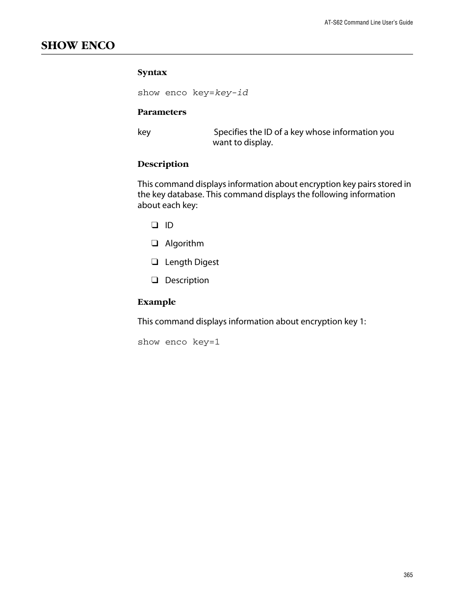 Show enco | Allied Telesis AT-S62 User Manual | Page 365 / 420