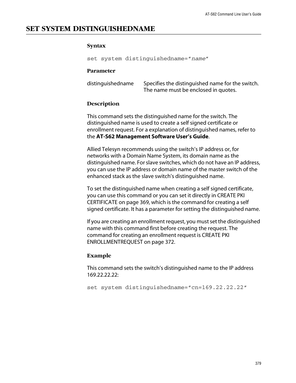 Set system distinguishedname, Stinguished name using set system | Allied Telesis AT-S62 User Manual | Page 379 / 420