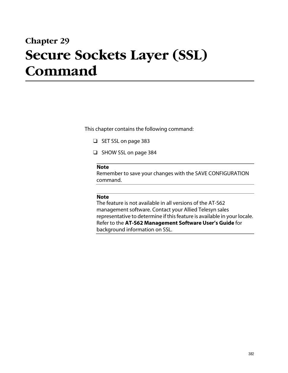 Chapter 29, Secure sockets layer (ssl) command | Allied Telesis AT-S62 User Manual | Page 382 / 420