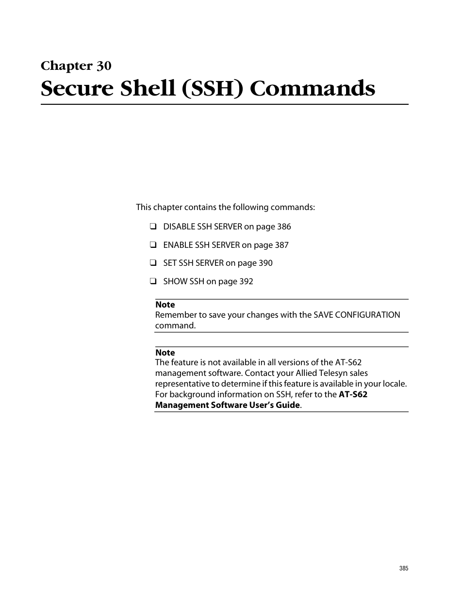 Chapter 30, Secure shell (ssh) commands | Allied Telesis AT-S62 User Manual | Page 385 / 420