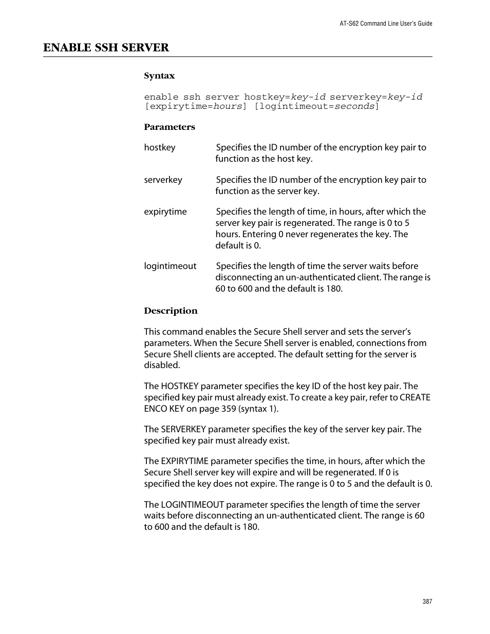 Enable ssh server | Allied Telesis AT-S62 User Manual | Page 387 / 420