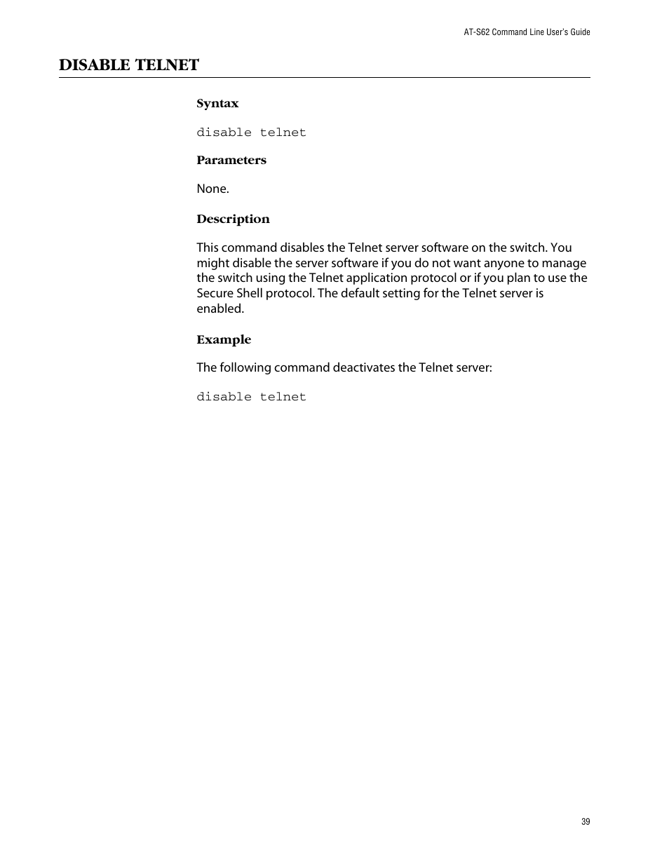 Disable telnet | Allied Telesis AT-S62 User Manual | Page 39 / 420