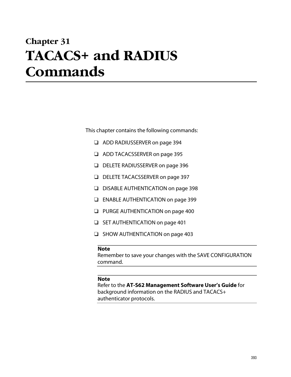 Chapter 31, Tacacs+ and radius commands | Allied Telesis AT-S62 User Manual | Page 393 / 420