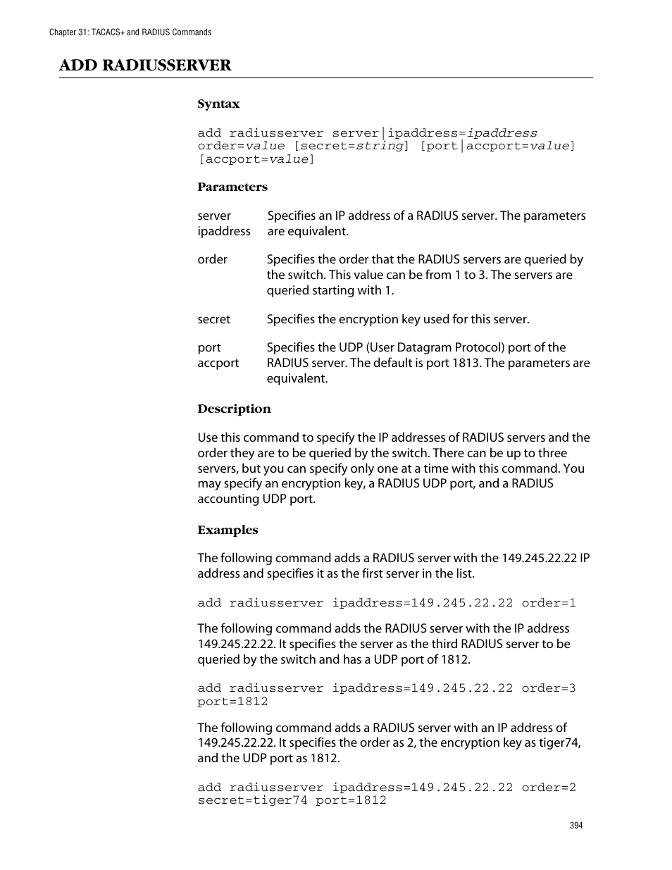 Add radiusserver | Allied Telesis AT-S62 User Manual | Page 394 / 420