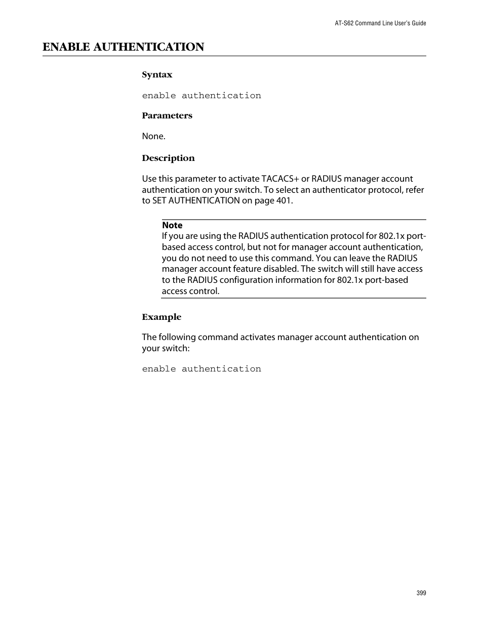 Enable authentication | Allied Telesis AT-S62 User Manual | Page 399 / 420