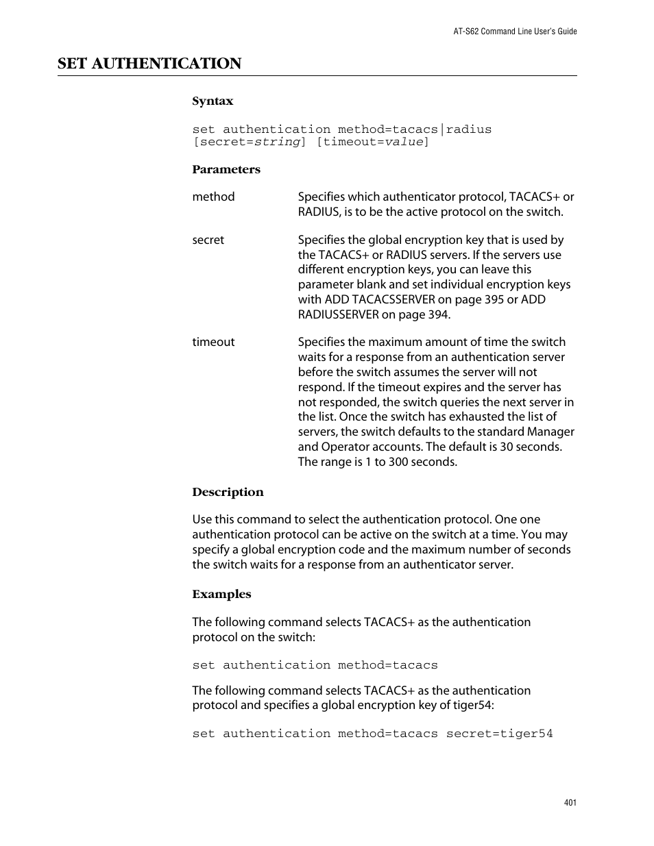 Set authentication | Allied Telesis AT-S62 User Manual | Page 401 / 420