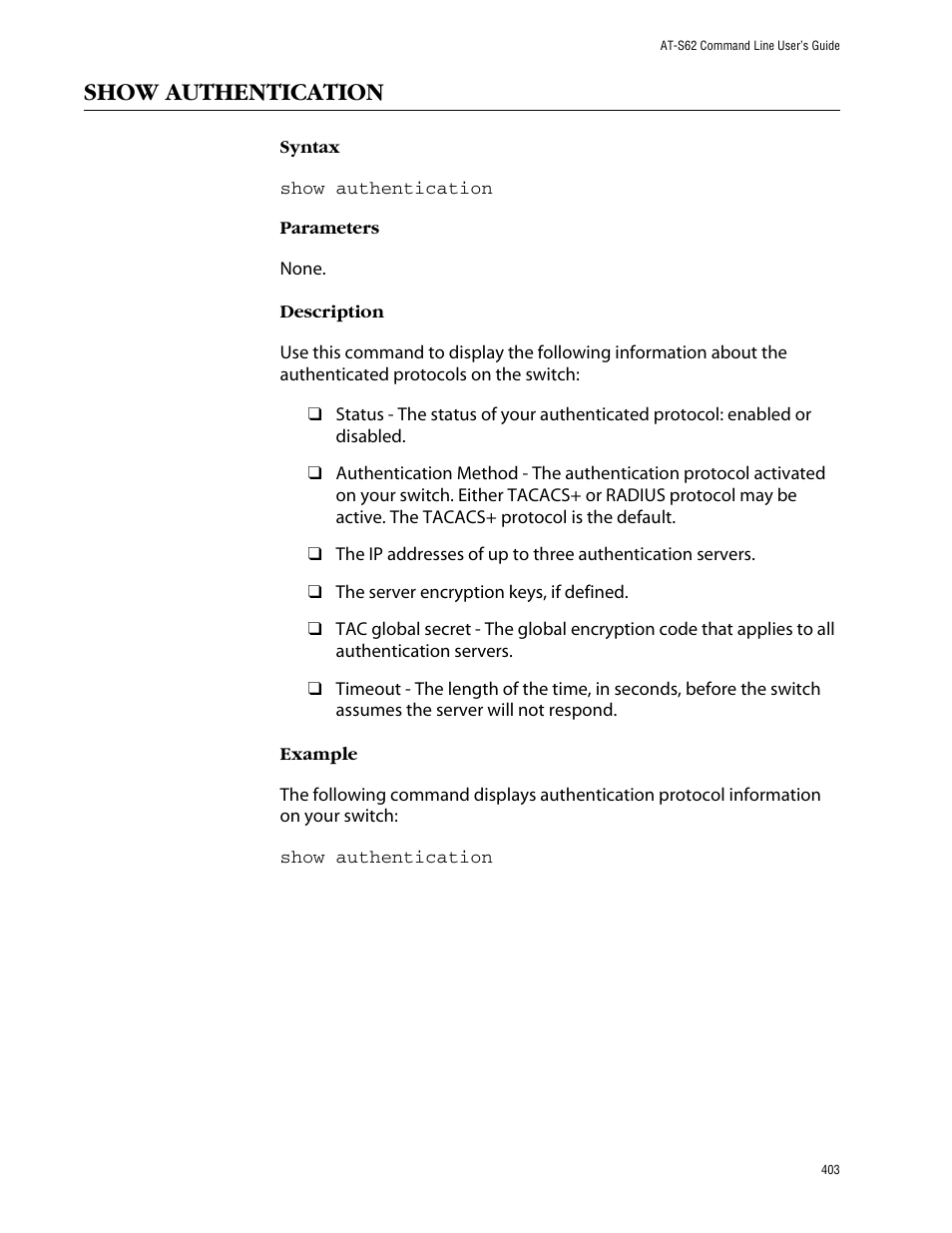 Show authentication | Allied Telesis AT-S62 User Manual | Page 403 / 420