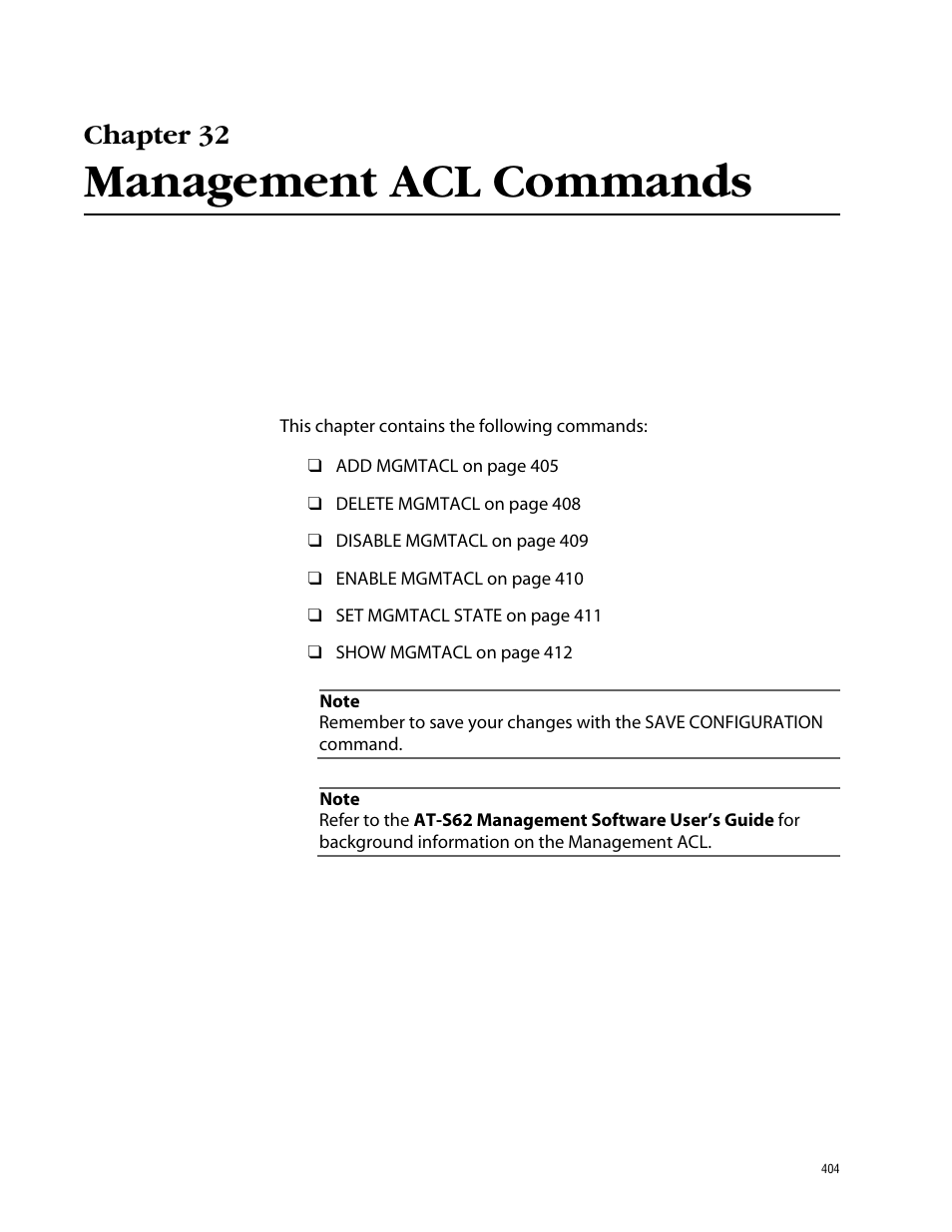 Chapter 32, Management acl commands | Allied Telesis AT-S62 User Manual | Page 404 / 420