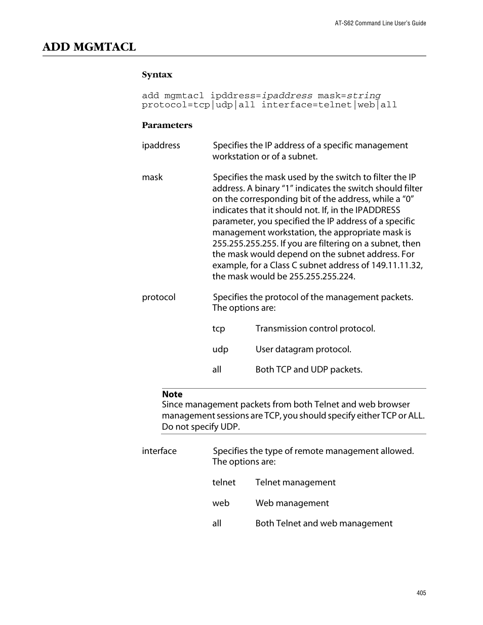 Add mgmtacl | Allied Telesis AT-S62 User Manual | Page 405 / 420