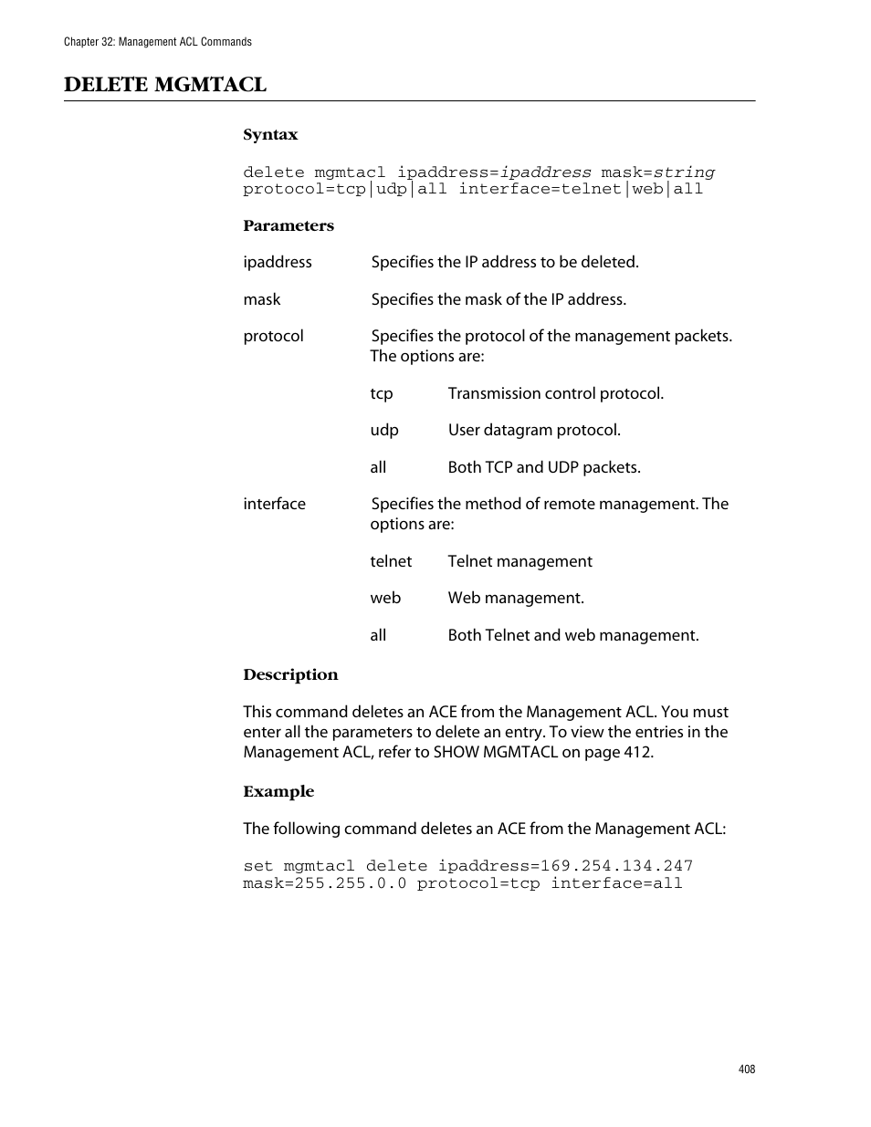 Delete mgmtacl | Allied Telesis AT-S62 User Manual | Page 408 / 420