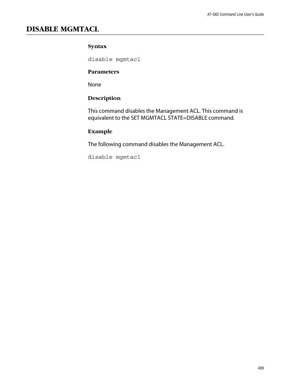 Disable mgmtacl | Allied Telesis AT-S62 User Manual | Page 409 / 420