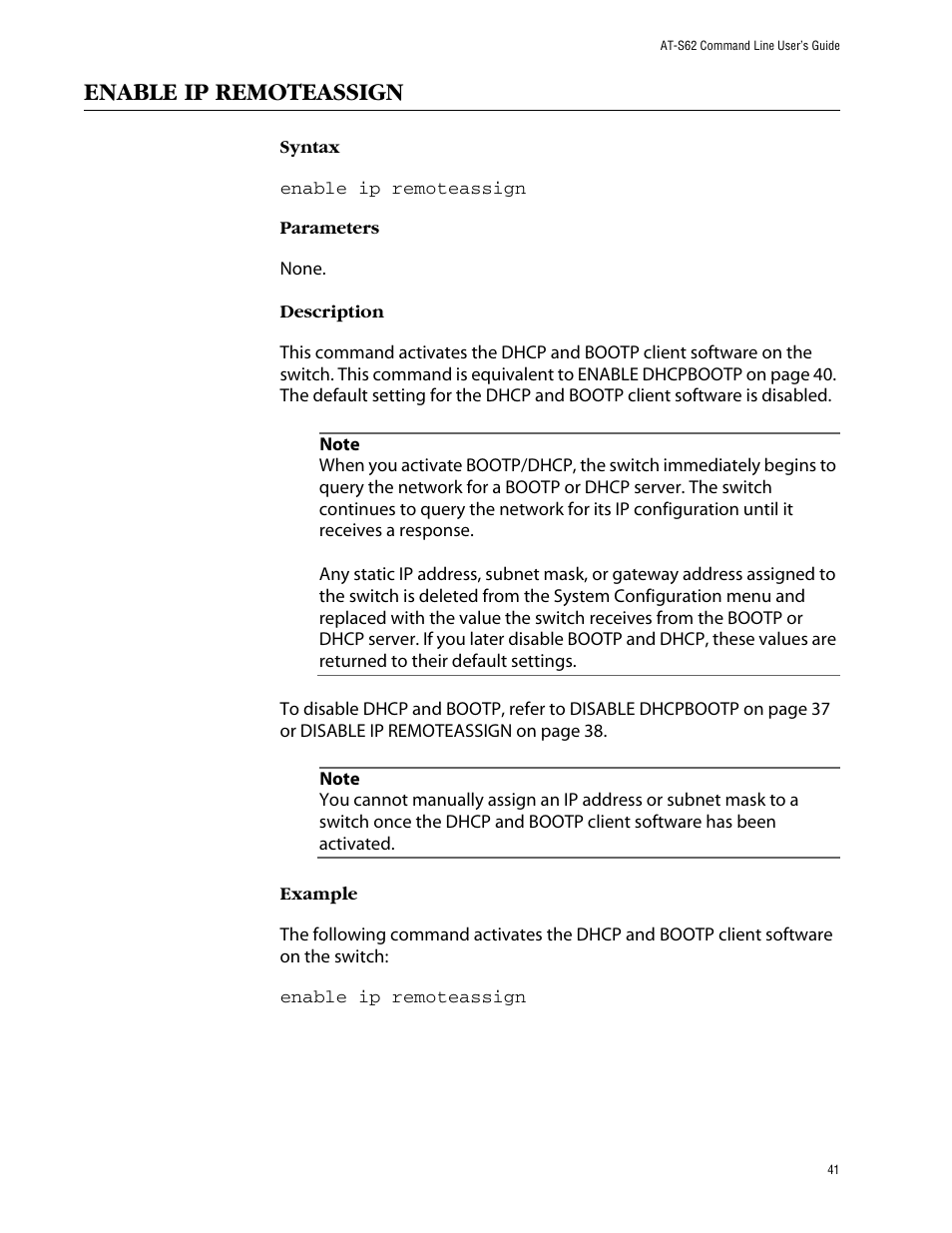 Enable ip remoteassign | Allied Telesis AT-S62 User Manual | Page 41 / 420