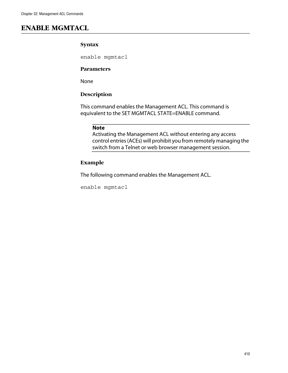 Enable mgmtacl | Allied Telesis AT-S62 User Manual | Page 410 / 420