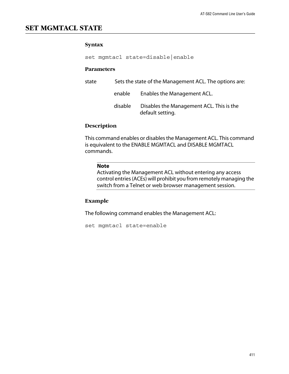 Set mgmtacl state | Allied Telesis AT-S62 User Manual | Page 411 / 420