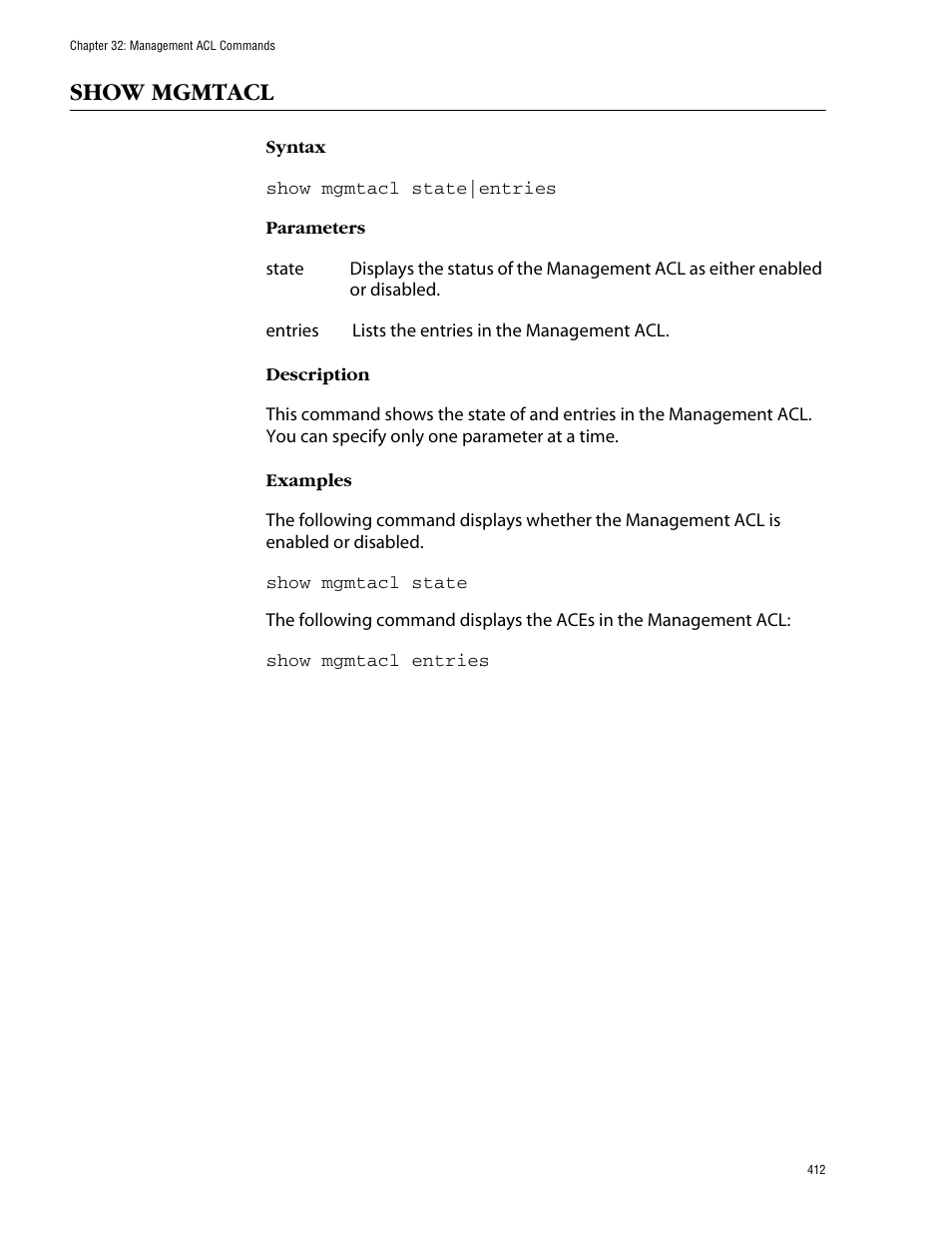 Show mgmtacl | Allied Telesis AT-S62 User Manual | Page 412 / 420