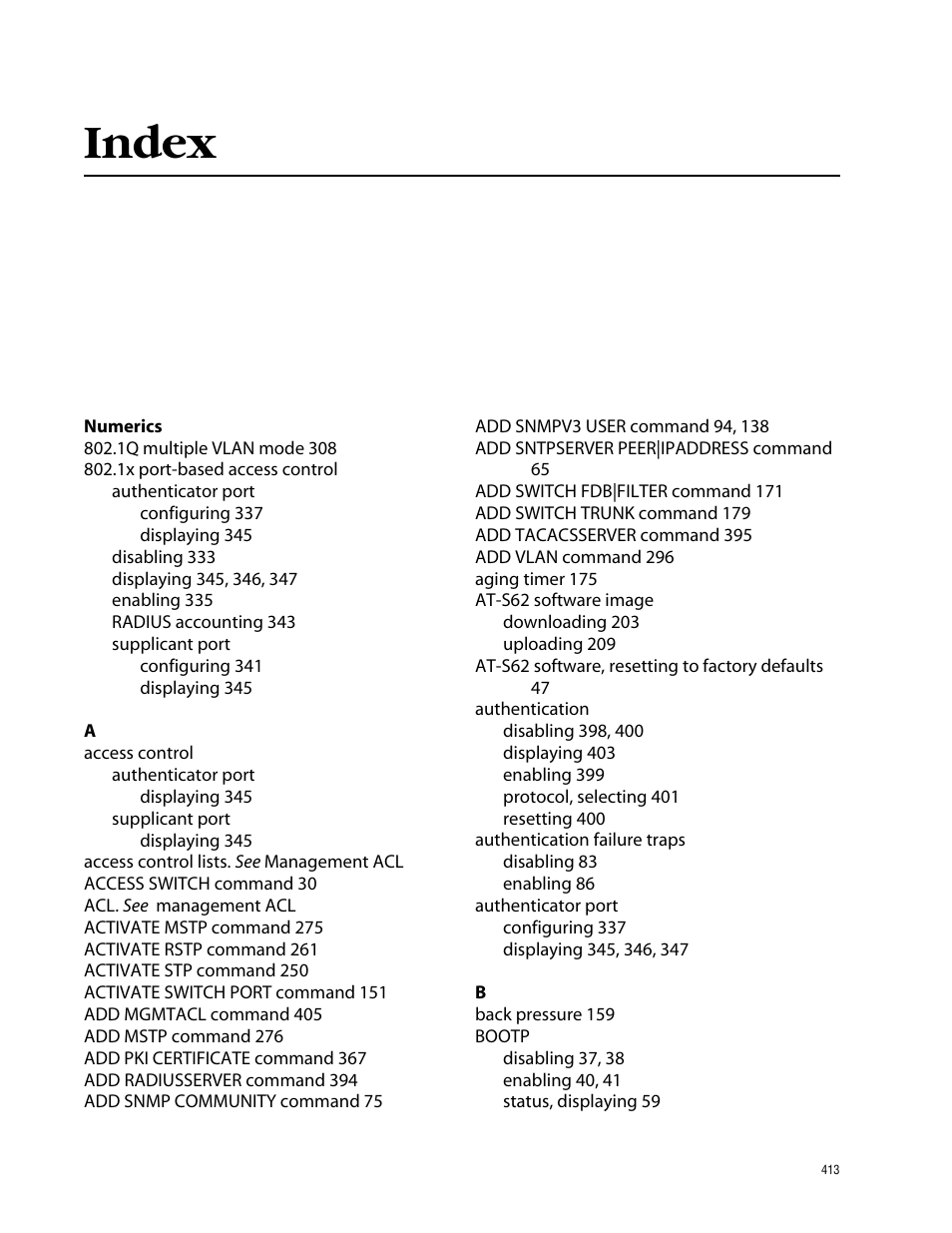 Index | Allied Telesis AT-S62 User Manual | Page 413 / 420