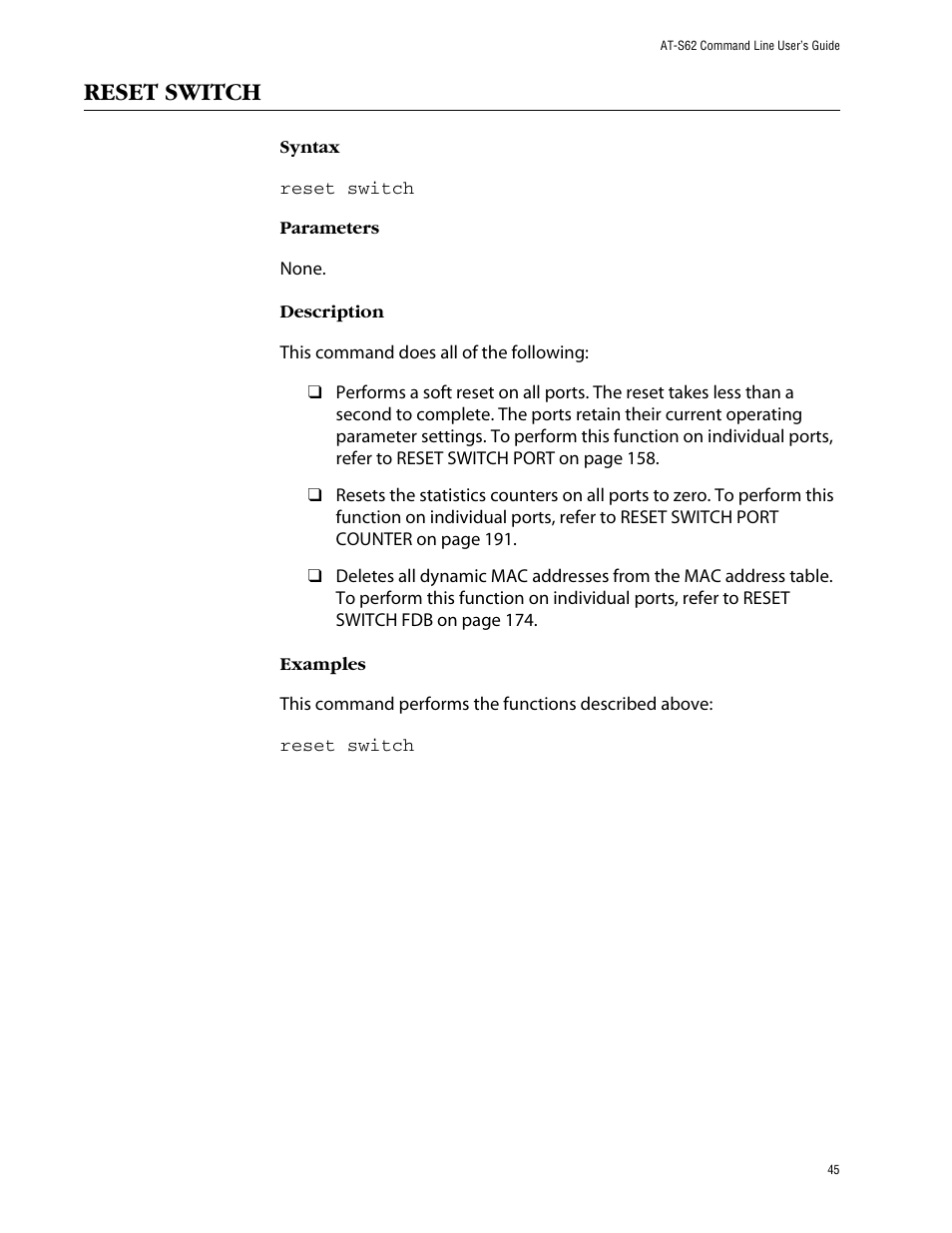 Reset switch | Allied Telesis AT-S62 User Manual | Page 45 / 420