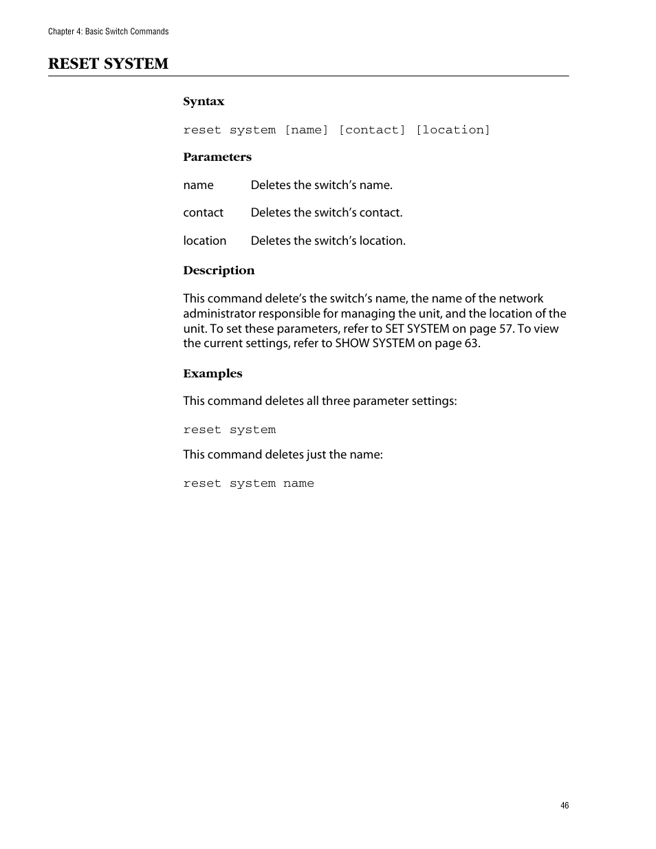 Reset system | Allied Telesis AT-S62 User Manual | Page 46 / 420