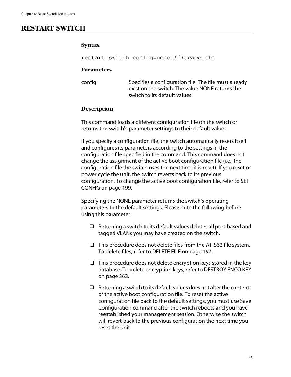 Restart switch | Allied Telesis AT-S62 User Manual | Page 48 / 420