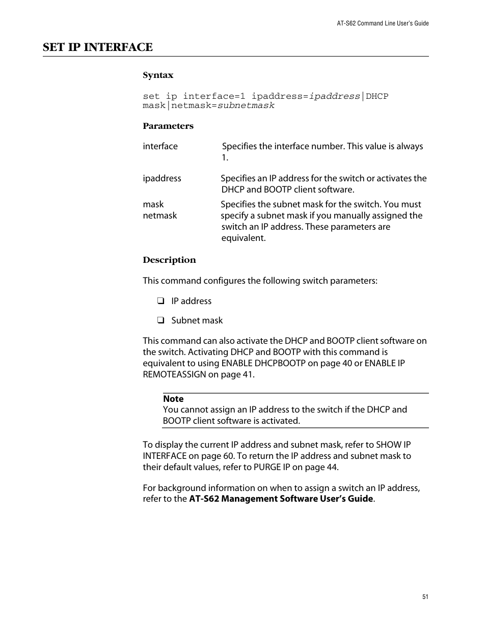 Set ip interface | Allied Telesis AT-S62 User Manual | Page 51 / 420
