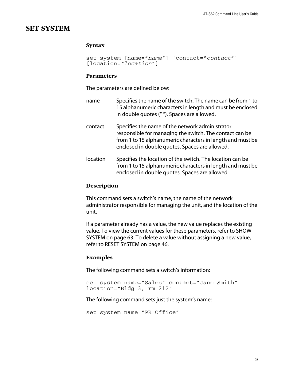 Set system | Allied Telesis AT-S62 User Manual | Page 57 / 420