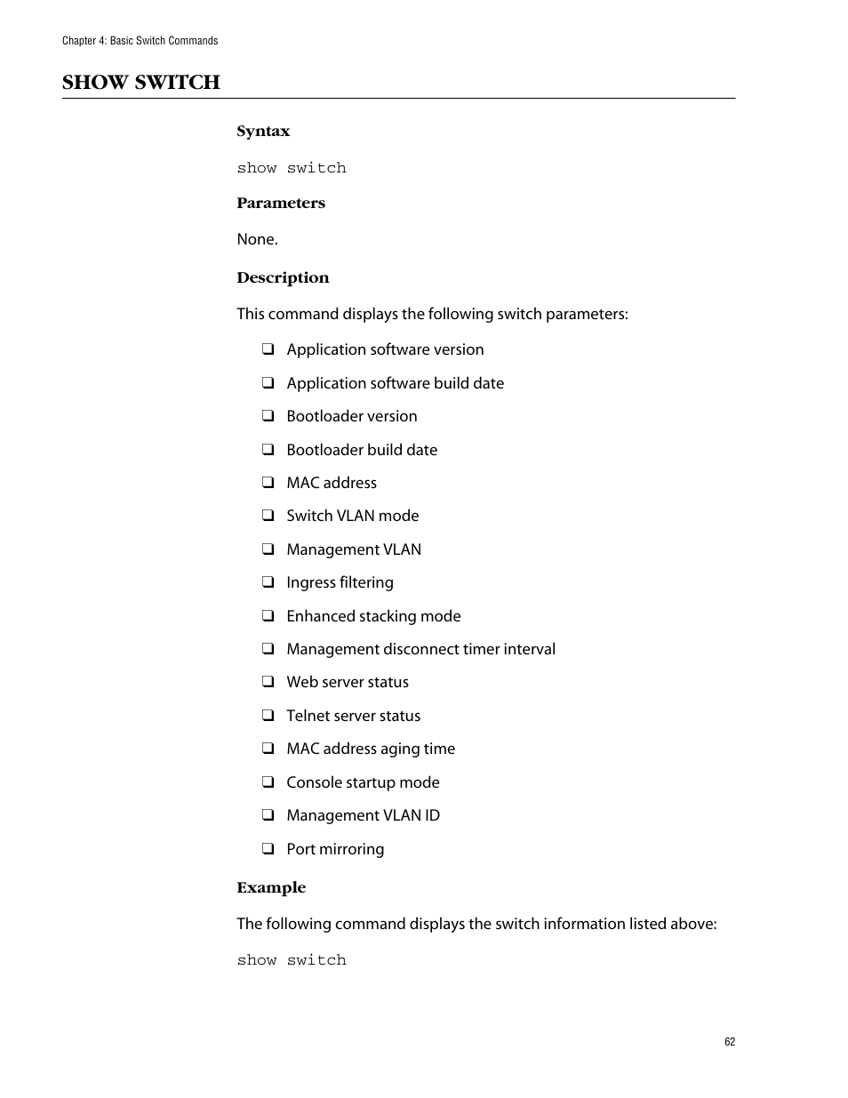 Show switch | Allied Telesis AT-S62 User Manual | Page 62 / 420