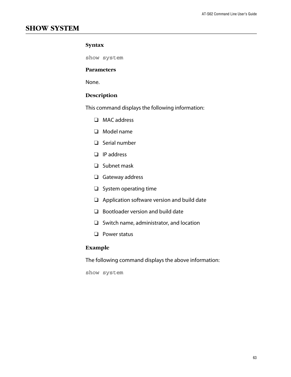 Show system | Allied Telesis AT-S62 User Manual | Page 63 / 420