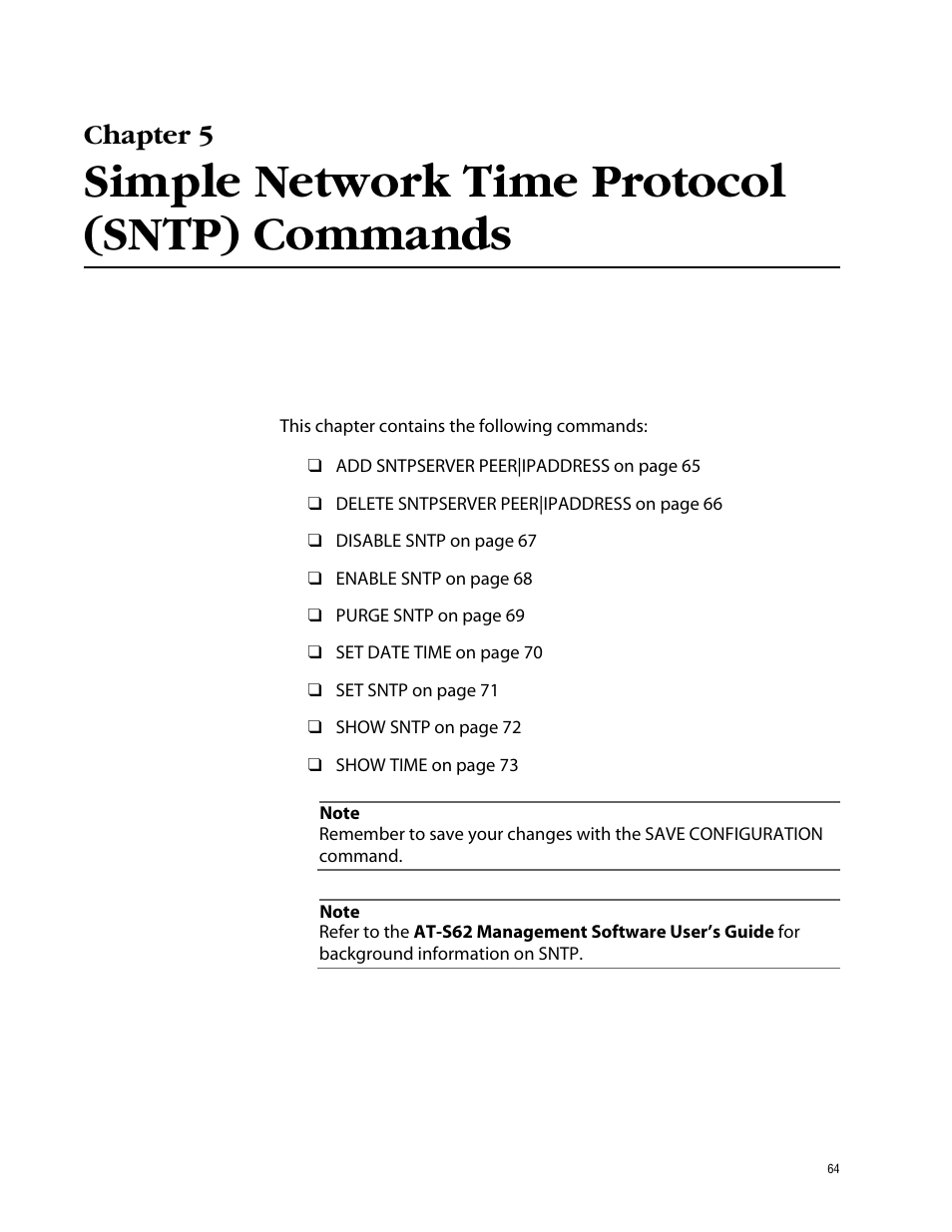 Chapter 5, Simple network time protocol (sntp) commands | Allied Telesis AT-S62 User Manual | Page 64 / 420