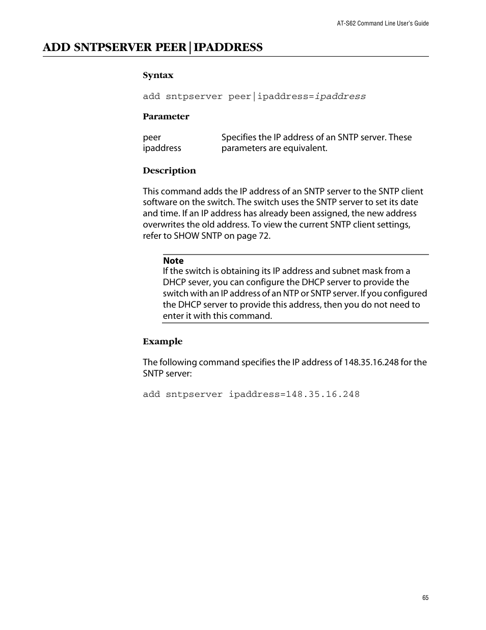 Add sntpserver peer|ipaddress | Allied Telesis AT-S62 User Manual | Page 65 / 420
