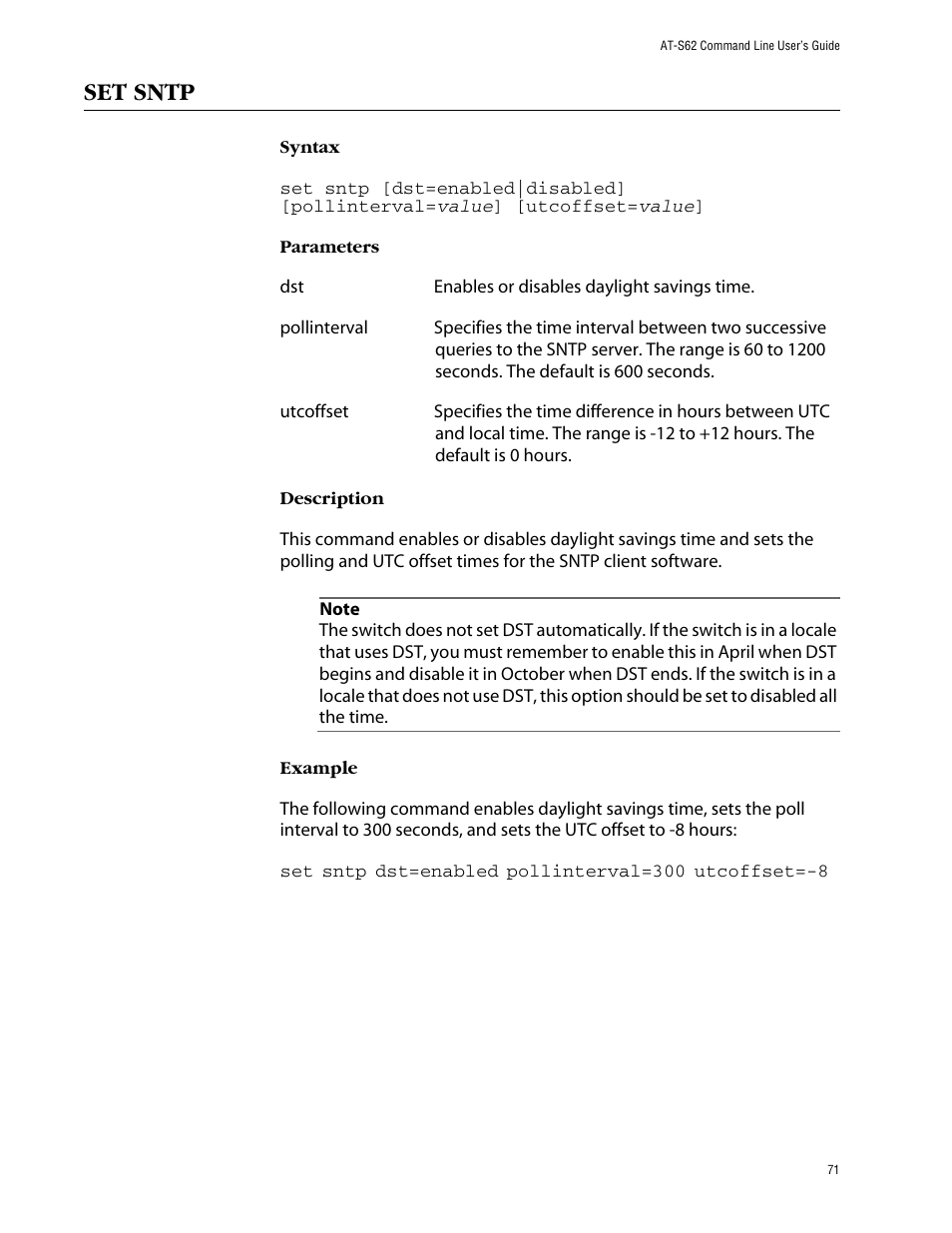 Set sntp | Allied Telesis AT-S62 User Manual | Page 71 / 420