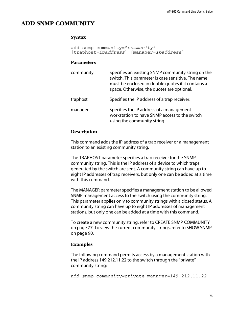 Add snmp community | Allied Telesis AT-S62 User Manual | Page 75 / 420