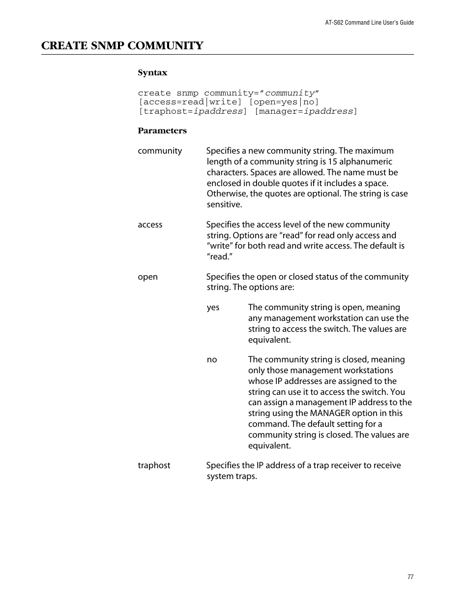 Create snmp community | Allied Telesis AT-S62 User Manual | Page 77 / 420