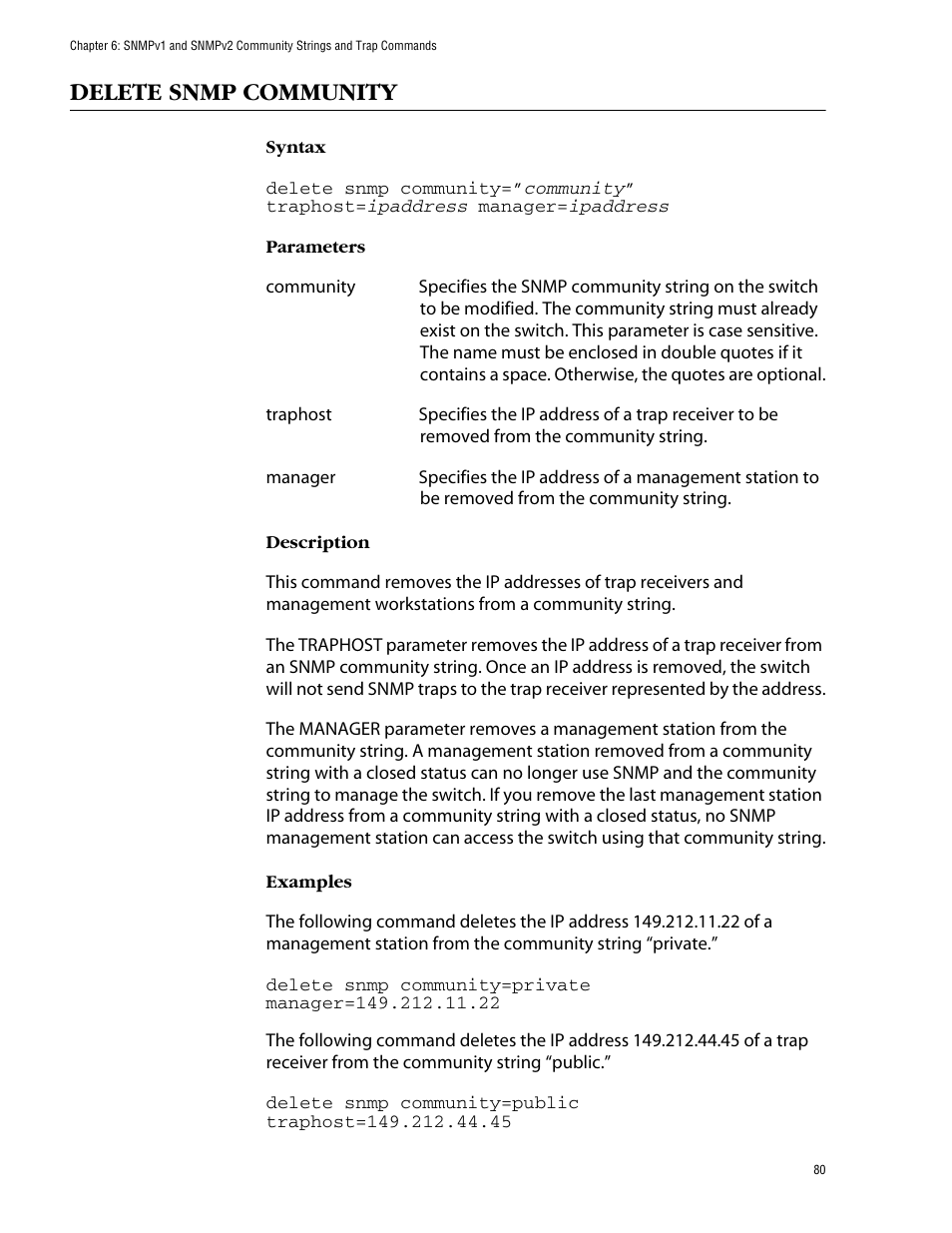 Delete snmp community | Allied Telesis AT-S62 User Manual | Page 80 / 420