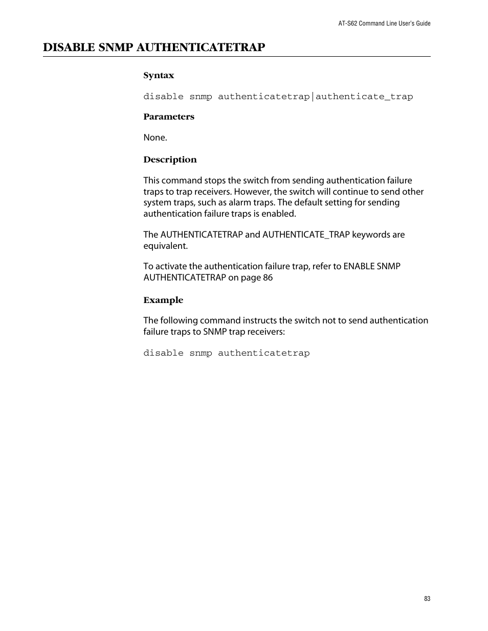 Disable snmp authenticatetrap | Allied Telesis AT-S62 User Manual | Page 83 / 420