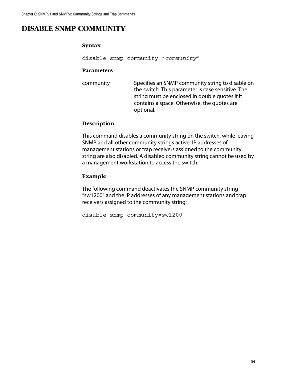 Disable snmp community | Allied Telesis AT-S62 User Manual | Page 84 / 420