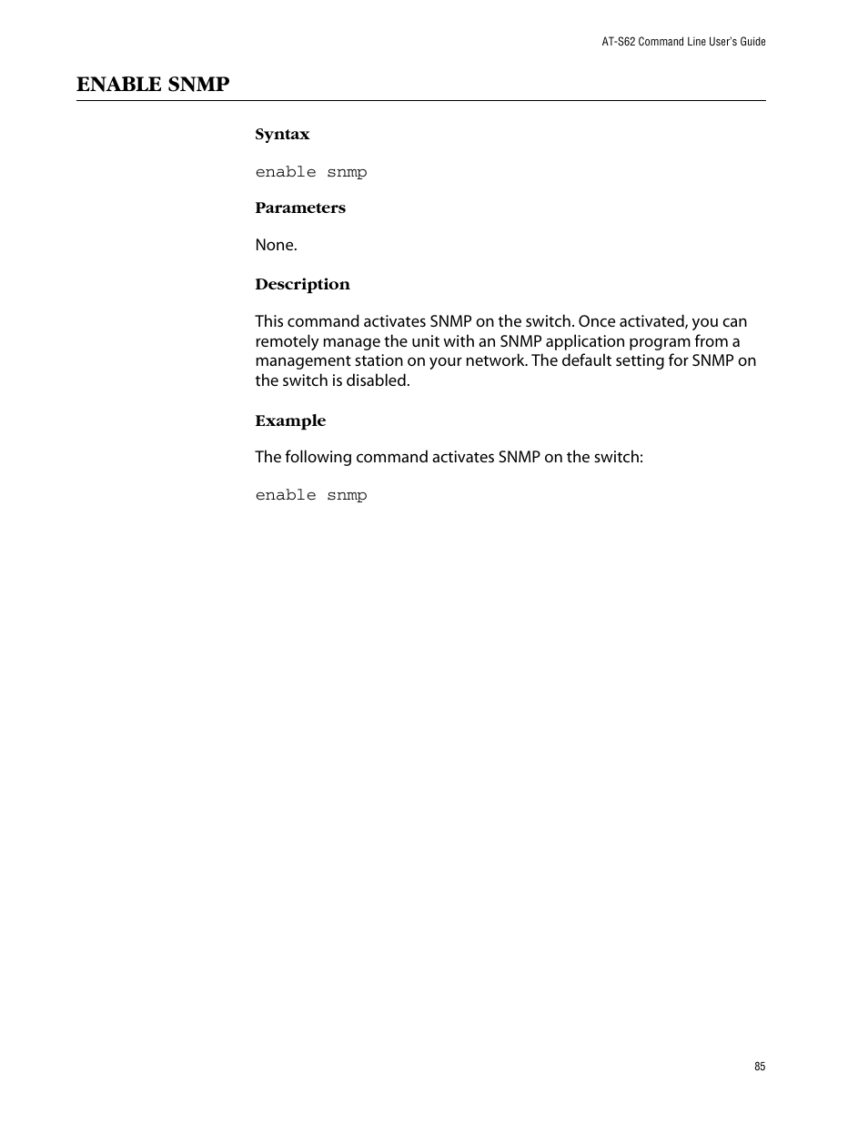 Enable snmp | Allied Telesis AT-S62 User Manual | Page 85 / 420