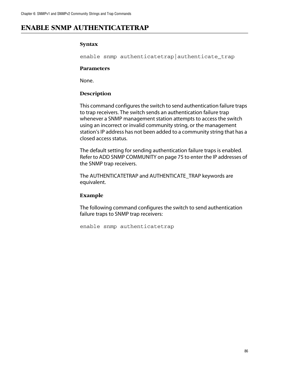 Enable snmp authenticatetrap | Allied Telesis AT-S62 User Manual | Page 86 / 420
