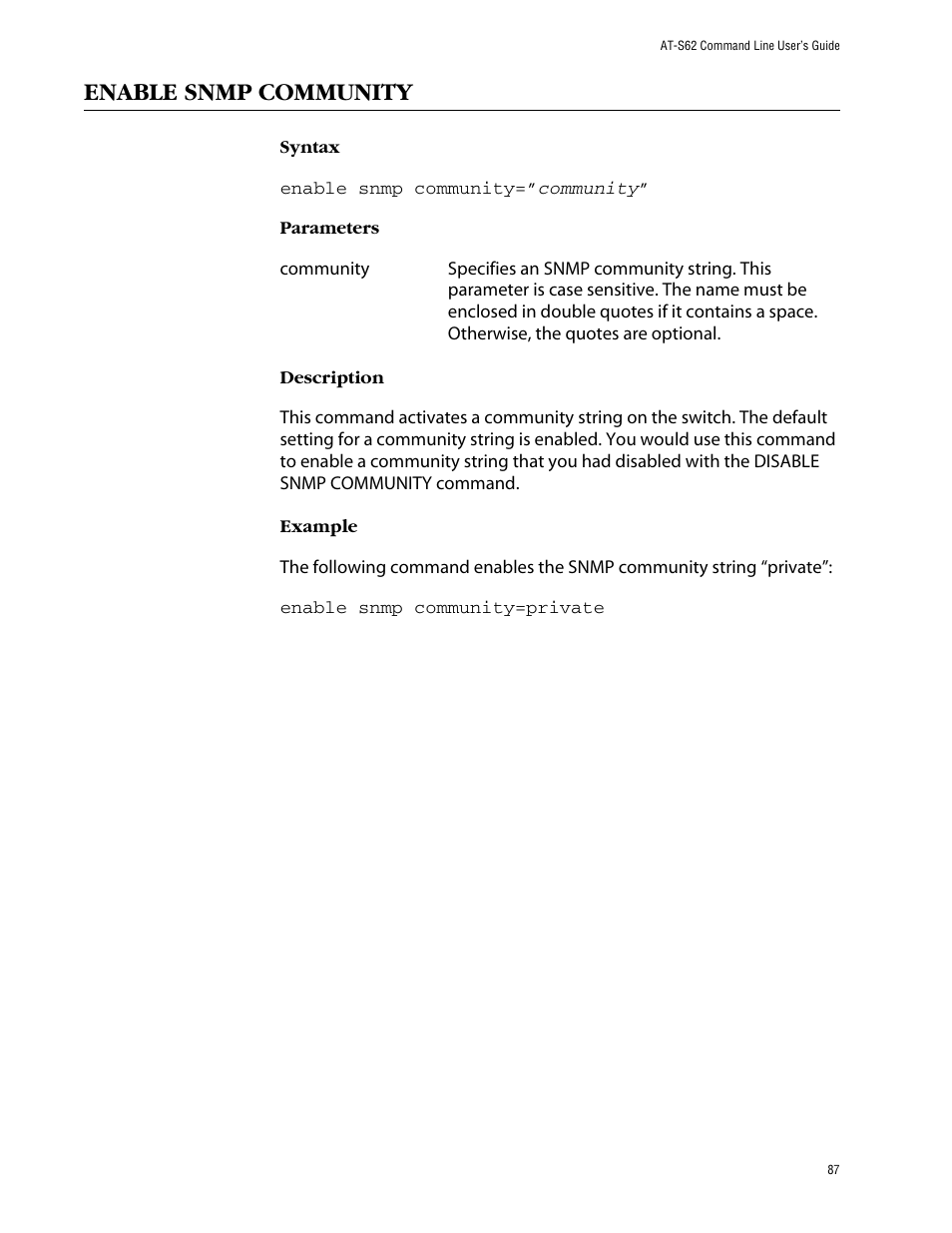 Enable snmp community | Allied Telesis AT-S62 User Manual | Page 87 / 420