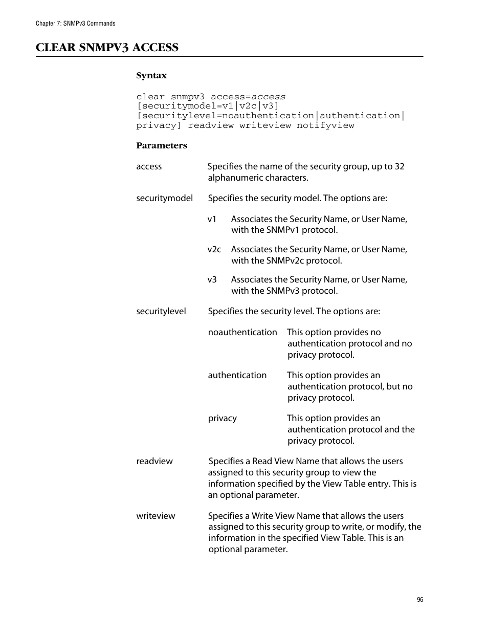 Clear snmpv3 access | Allied Telesis AT-S62 User Manual | Page 96 / 420